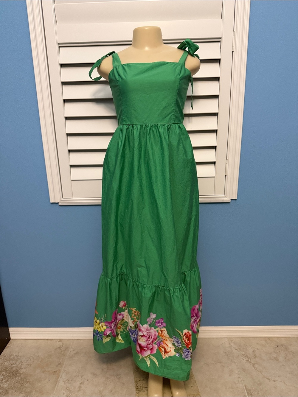 Express Green Floral-Hem Tie-Shoulder Maxi Dress- Pockets!